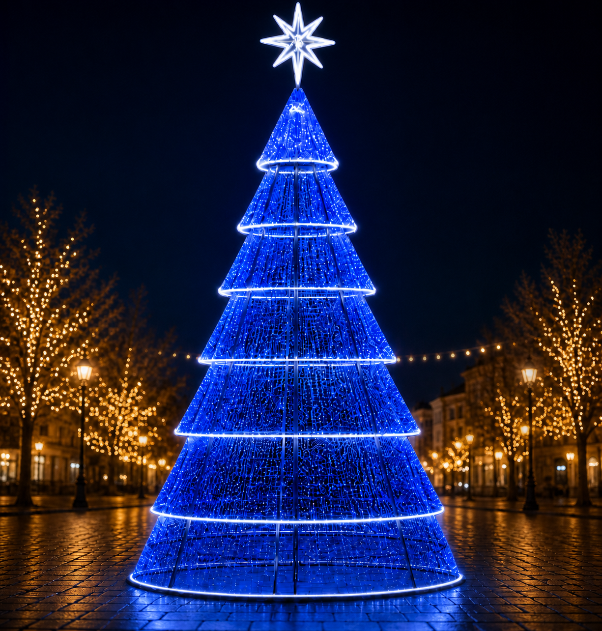 Árvore azul luminosa modular com sete camadas e anéis divisores contínuos em uma praça natalina à noite